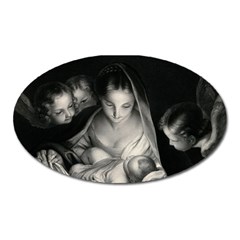 Nativity Scene Birth Of Jesus With Virgin Mary And Angels Black And White Litograph Oval Magnet by yoursparklingshop