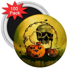 Halloween, Funny Pumpkins And Skull With Spider 3  Magnets (100 Pack) by FantasyWorld7