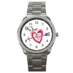 You Are My Beat / Pink And Teal Hearts Pattern (white)  Sport Metal Watch by FashionFling