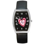 You Are My Beat / Pink And Teal Hearts Pattern (black)  Barrel Style Metal Watch Front