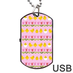 Easter - Chick And Tulips Dog Tag Usb Flash (one Side) by Valentinaart