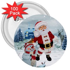 Funny Santa Claus With Snowman 3  Buttons (100 Pack)  by FantasyWorld7