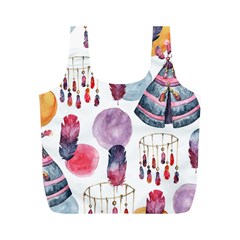 Boho Tribal Watercolor White Pattern Full Print Recycle Bags (m)  by paulaoliveiradesign