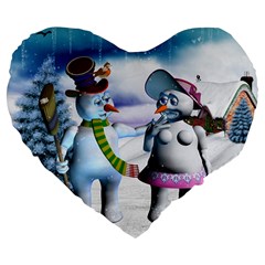 Funny, Cute Snowman And Snow Women In A Winter Landscape Large 19  Premium Flano Heart Shape Cushions by FantasyWorld7