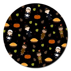 Pilgrims And Indians Pattern - Thanksgiving Magnet 5  (round) by Valentinaart
