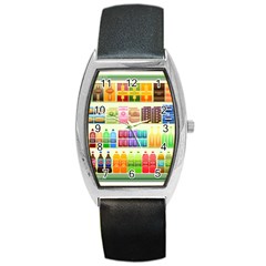 Supermarket Shelf Products Snacks Barrel Style Metal Watch by Celenk