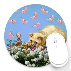 Cat And Butterflies Round Mousepads by snowwhitegirl