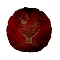 Wonderful Decorative Heart In Gold And Red Standard 15  Premium Round Cushions by FantasyWorld7