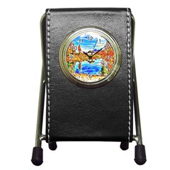 Lake Chalet Mountain Art Pen Holder Desk Clock by Nexatart