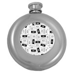 Tape Cassette 80s Retro GenX Pattern black and White Round Hip Flask (5 oz) Front