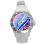 Painting Abstract Blue Pink Spots Round Plastic Sport Watch (L) Front