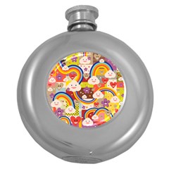 Rainbow Vintage Retro Style Kids Rainbow Vintage Retro Style Kid Funny Pattern With 80s Clouds Round Hip Flask (5 Oz) by genx