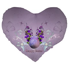Happy Easter, Easter Egg With Flowers In Soft Violet Colors Large 19  Premium Flano Heart Shape Cushions by FantasyWorld7