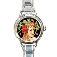 Blonde Bombshell Retro Glamour Girl Posters Round Italian Charm Watch by StarvingArtisan