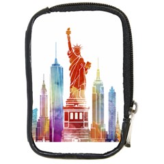 New York City Poster Watercolor Painting Illustrat Compact Camera Leather Case by Sudhe