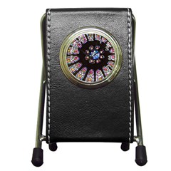 Rosette Stained Glass Window Church Pen Holder Desk Clock by Pakrebo