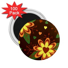 Floral Hearts Brown Green Retro 2 25  Magnets (100 Pack)  by HermanTelo