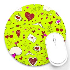 Valentin s Day Love Hearts Pattern Red Pink Green Round Mousepads by EDDArt