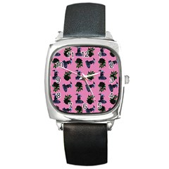 Gothic Girl Rose Light Pink Pattern Square Metal Watch by snowwhitegirl