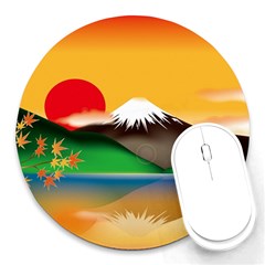 Mount Fuji Japan Lake Sun Sunset Round Mousepads by Simbadda
