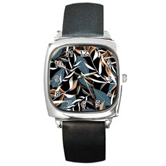 Summer Trend Seamless Background With Bright Tropical Leaves Plants Square Metal Watch by Vaneshart