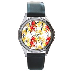 Watercolor Painting Autumn Illustration Autumn Tree Round Metal Watch by Vaneshart