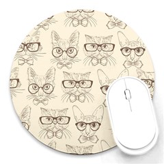 Seamless Pattern Hand Drawn Cats With Hipster Accessories Round Mousepads by Vaneshart