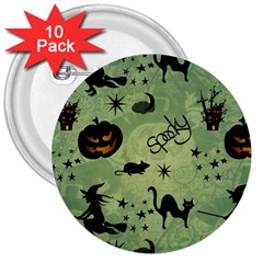 Funny Halloween Pattern With Witch, Cat And Pumpkin 3  Buttons (10 Pack)  by FantasyWorld7