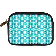 Teal White  Abstract Pattern Digital Camera Leather Case by BrightVibesDesign