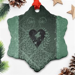 Elegant Heart With Piano And Clef On Damask Background Snowflake Ornament (two Sides) by FantasyWorld7