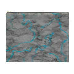 Marble Light Gray With Bright Cyan Blue Veins Texture Floor Background Retro Neon 80s Style Neon Colors Print Luxuous Real Marble Cosmetic Bag (xl) by genx
