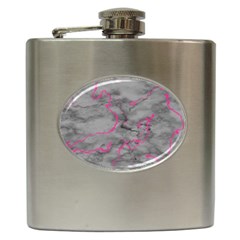 Marble Light Gray With Bright Magenta Pink Veins Texture Floor Background Retro Neon 80s Style Neon Colors Print Luxuous Real Marble Hip Flask (6 Oz) by genx