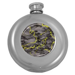 Marble Light Gray With Green Lime Veins Texture Floor Background Retro Neon 80s Style Neon Colors Print Luxuous Real Marble Round Hip Flask (5 Oz) by genx