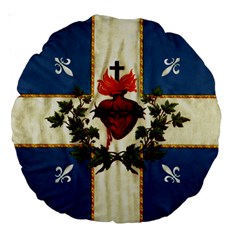 Quebec Flag Drapeau Québec Patriote Carillon Sacré-coeur Christian Catholic Old Vintage With Fleurs De Lys Large 18  Premium Round Cushion  by Quebec