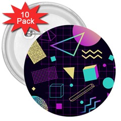Retrowave Aesthetic Vaporwave Retro Memphis Pattern 80s Design 3d Geometric Shapes 3  Buttons (10 Pack)  by genx