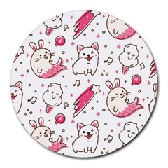 Cute Animals Seamless Pattern Kawaii Doodle Style Round Mousepads by Vaneshart
