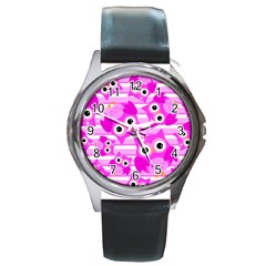 Pink Owl Pattern Background Round Metal Watch by Vaneshart