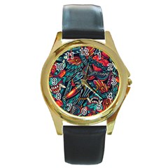 Vintage Tattoos Colorful Seamless Pattern Round Gold Metal Watch by Amaryn4rt
