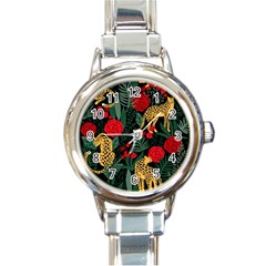 Seamless-pattern-with-leopards-and-roses-vector Round Italian Charm Watch by Sobalvarro
