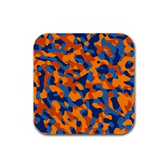 Blue And Orange Camouflage Pattern Rubber Square Coaster (4 Pack)  by SpinnyChairDesigns