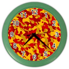 Red And Yellow Camouflage Pattern Color Wall Clock by SpinnyChairDesigns
