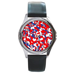 Red White Blue Camouflage Pattern Round Metal Watch by SpinnyChairDesigns