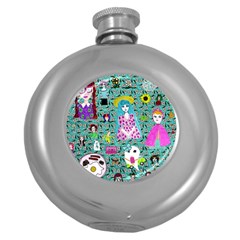 Blue Denim And Drawings Daisies Aqua Round Hip Flask (5 Oz) by snowwhitegirl