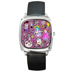 Blue Denim And Drawings Daisies Pink Square Metal Watch by snowwhitegirl