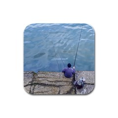 Senior Man Fishing At River, Montevideo, Uruguay001 Rubber Square Coaster (4 Pack)  by dflcprintsclothing