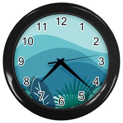 Illustration Of Palm Leaves Waves Mountain Hills Wall Clock (black) by HermanTelo