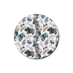 Blue Metallic Leaves Pattern Rubber Coaster (round)  by designsbymallika