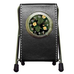 Tropical Vintage Yellow Hibiscus Floral Green Leaves Seamless Pattern Black Background  Pen Holder Desk Clock by Sobalvarro