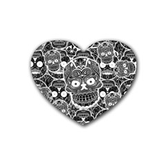 Sugar Skulls Bw Rubber Coaster (heart)  by ExtraAwesomeSauce