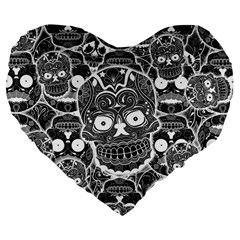 Sugar Skulls Bw Large 19  Premium Flano Heart Shape Cushions by ExtraAwesomeSauce